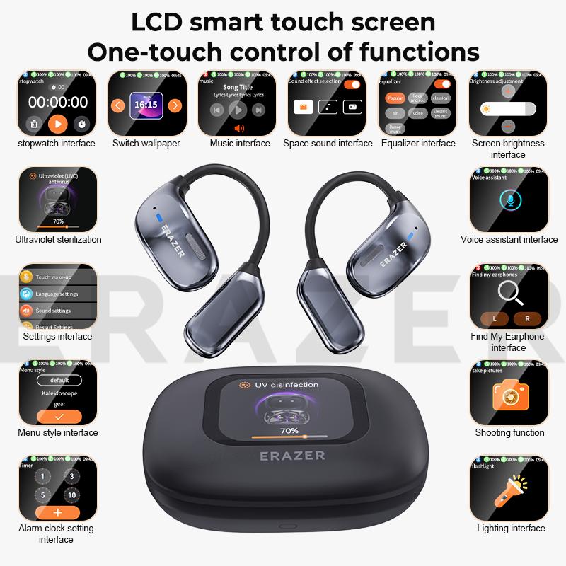 ERAZER XF23 AI Translation Open Headphones UVC Ultravilet Disinfection OWS Touch Screen Wireless Earbuds Support 135 Languages Bluetooth Translation HIFI Stereo Headset For Listening To Music & Calling,UV Cleaning Earphone