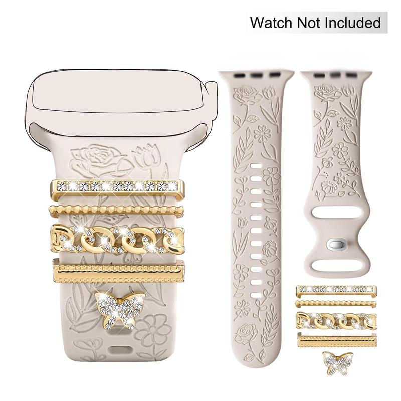 Flower Engraved Design Watch Band with Decorative Charms, 1 Set Smart Watch Accessories Includes Silicone Band & Decorative Charms Compatible with Apple Watch Series 9 8 7 6 5 4 3 2 1 SE for Women & Girls