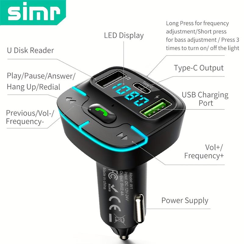 Super Lossless Sound Wireless Car MP3 Player FM Transmitter Dual USB Fast Charging PD Type-C USB One-Key Hands-Free Calling Car Audio Receiver Mp4 Chargeable