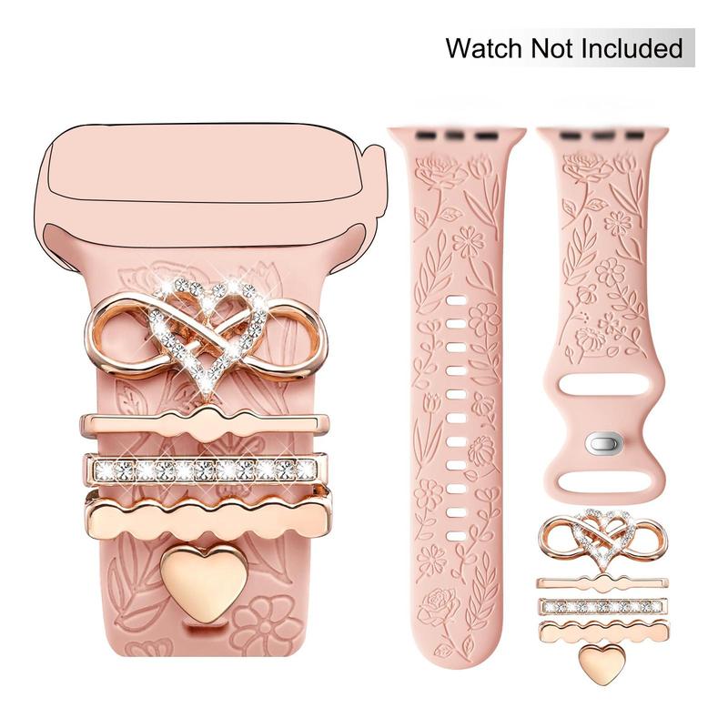 Flower Engraved Design Watch Band with Decorative Charms, 1 Set Smart Watch Accessories Includes Silicone Band & Decorative Charms Compatible with Apple Watch Series 9 8 7 6 5 4 3 2 1 SE for Women & Girls