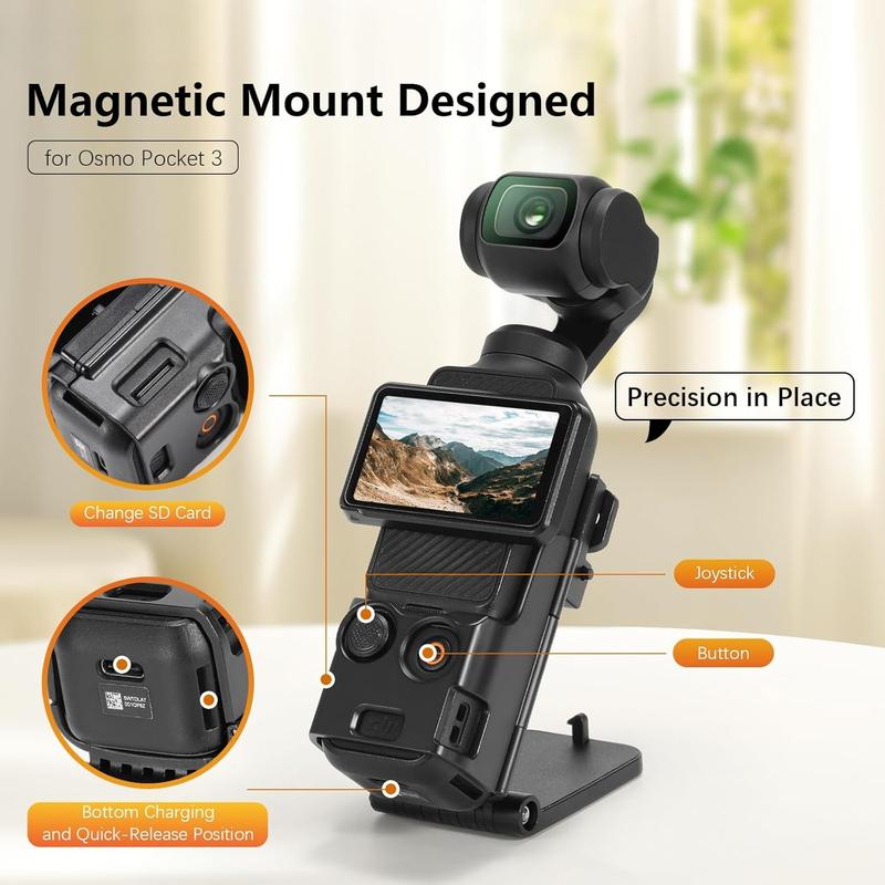 Magnetic Mount Stand Compatible with DJI Osmo Pocket 3, Upgraded Pocket3 Accessories Adapter Clamp Magnet Suction Case Holder on Desktop, Vertical Surface, 180° Adjustable Handle, Black