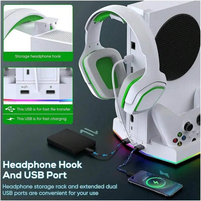 Creative Cooling Stand with Headphone Hook, 1 Count Controller Gamepad Charge Seat with Game Discs Card Slot Fan, Console Accessories for Xbox Series S