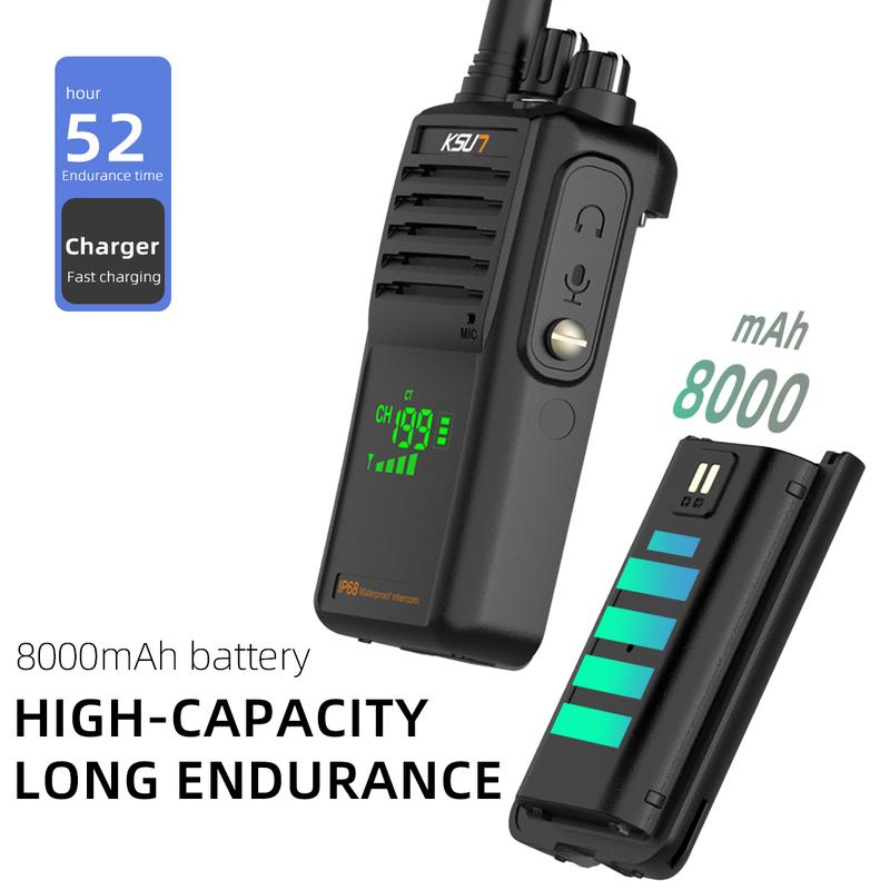 KSUN P85 Handheld Two-Way VHF Marine Radio IP68 Waterproof LED Screen International 136-174 MHz Walkie Talkie Long Range 8000 mAh Rechargeable Battery