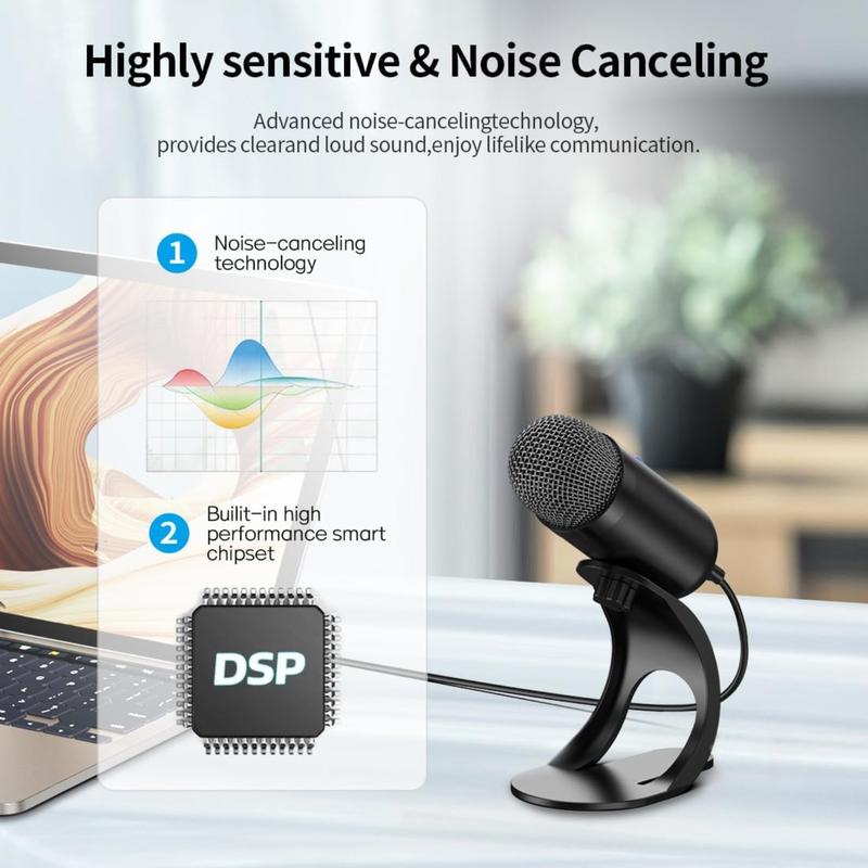 USB Computer Microphone, Podcast Mic Desktop with Mute Button for Recording Streaming, Omnidirectional Condenser, Plug&Play Stand with Volume Control Suitable for PC, Laptop, Mac, YouTube