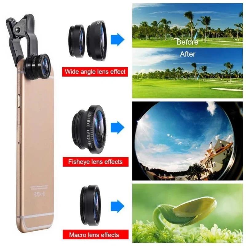 3in1 Fisheye Lens Wide Angle Micro Camera Lens for iPhone Samsung Xiaomi Zoom Fish Eye Len for Smartphone Lenses with Phone Clip Christmas Gift