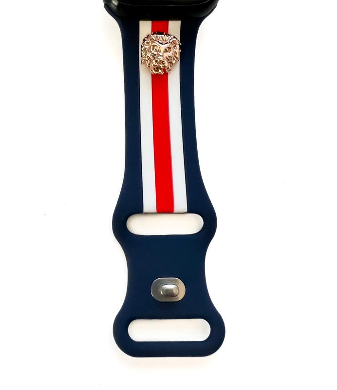 Apple Watch Strap Navy White Red with 2 Lion Head Silver Charms Series Ultra, SE, 6, 7 8 Size 38, 40, 41, 42, 44 45 49mm Silicone Wristband | Accessories Luxury