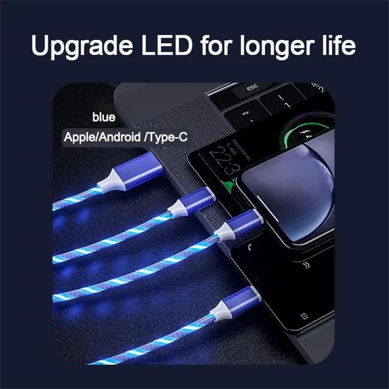 3 In 1 Type-C Data Cable, 12W Fast Charging Data Cable, Portable 3 In 1 Flowing LED Charging Cable