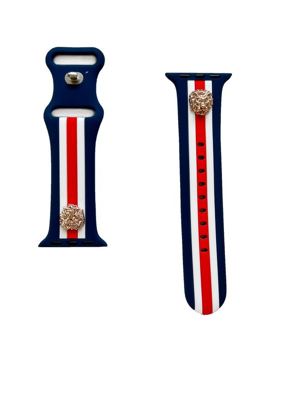 Apple Watch Strap Navy White Red with 2 Lion Head Silver Charms Series Ultra, SE, 6, 7 8 Size 38, 40, 41, 42, 44 45 49mm Silicone Wristband | Accessories Luxury