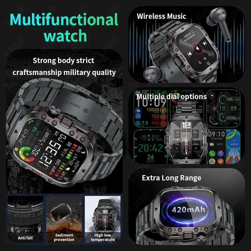 2024 Rugged Military Smart Watch Men Outdoor Watches lP68 Waterproof 2.01