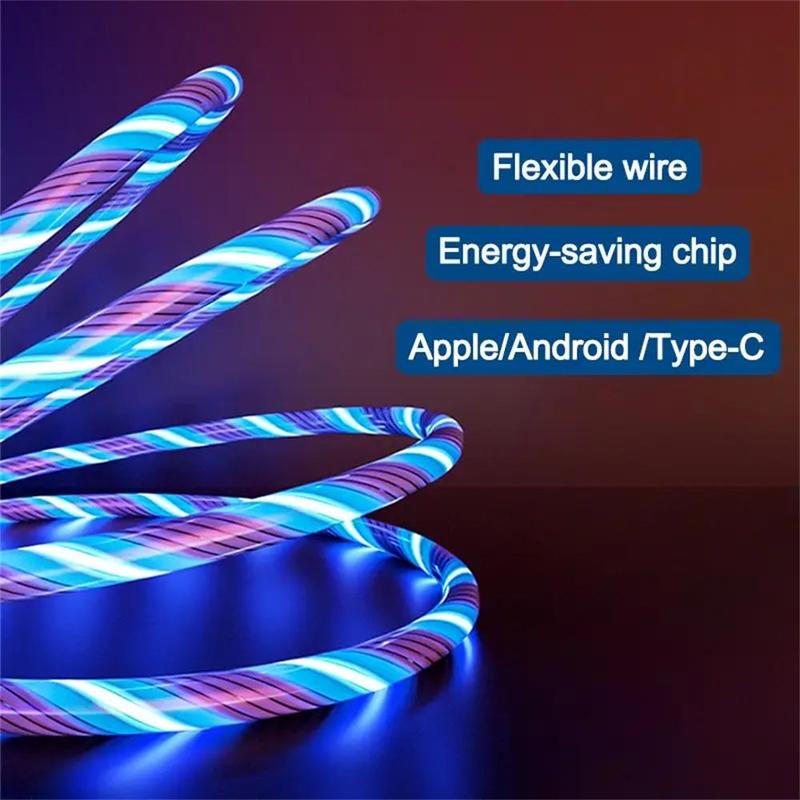 3 In 1 Type-C Data Cable, 12W Fast Charging Data Cable, Portable 3 In 1 Flowing LED Charging Cable