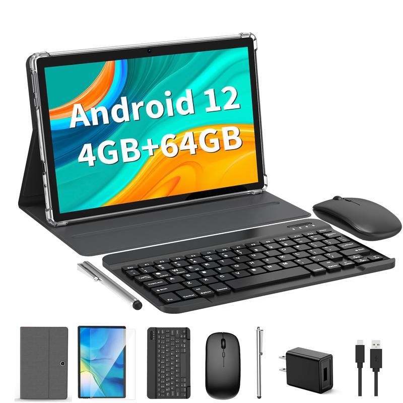 Relndoo Tablet 10.1 Inch Android 12, 5 in 1 Tablet with Keyboard, Mouse,Stylus, Case, Quad Core 64GB ROM, WiFi, 5+8MP Dual Camera, 6000mAh, 1280x800 IPS Display, Widevine L1, Bluetooth