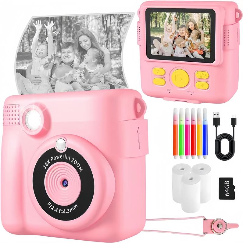 (0$ shipping  )Instant Print Camera for Kids with 32G SD Card, Christmas Birthday Gifts for Girls Boys, HD Digital Video with Games for Toddler, Portable Toy for 4 5 6 7 8 9 10 Year Old Girl Boy with 64GB SD Card print paper