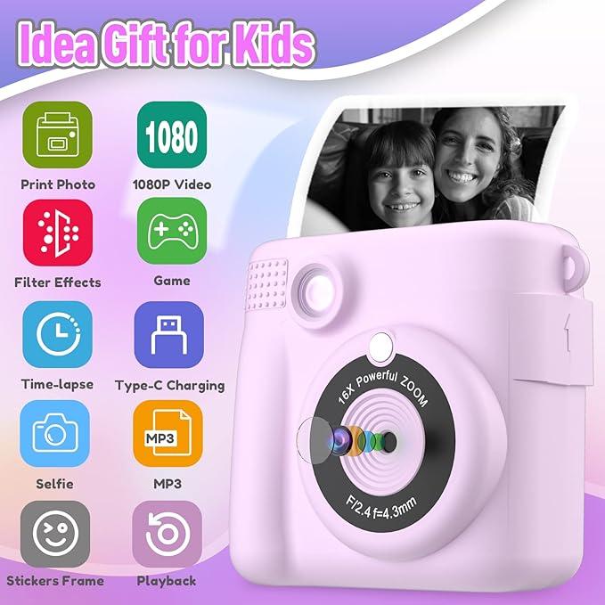 (0$ shipping  )Instant Print Camera for Kids with 32G SD Card, Christmas Birthday Gifts for Girls Boys, HD Digital Video with Games for Toddler, Portable Toy for 4 5 6 7 8 9 10 Year Old Girl Boy with 64GB SD Card print paper