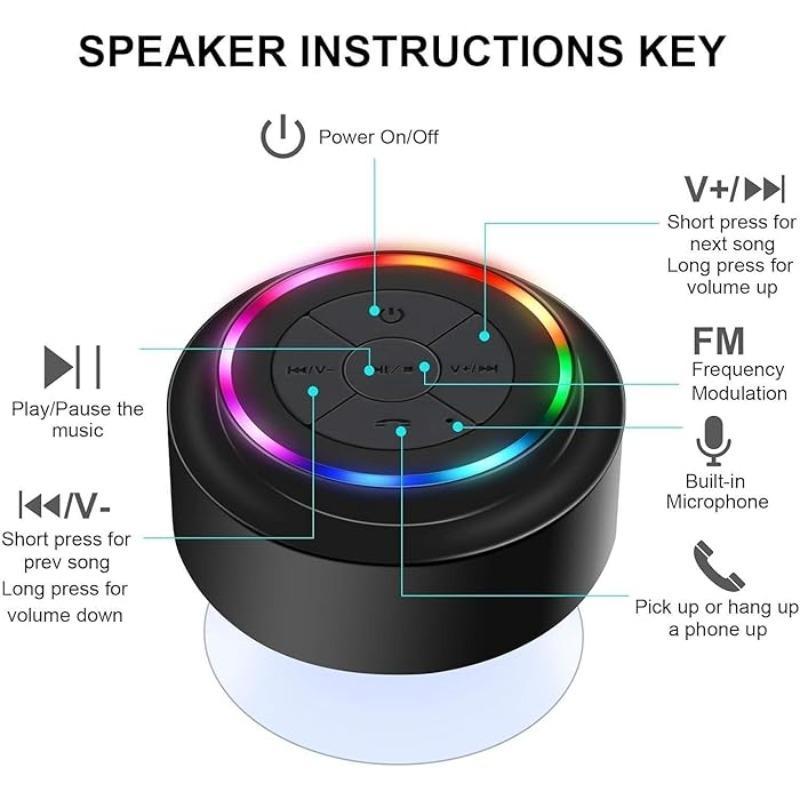 Portable Wireless Speaker, Waterproof Speaker with RGB Light, Rechargeable Bluetooth-compatible Speaker for Bathroom, Outdoor, Beach, Travel, Party