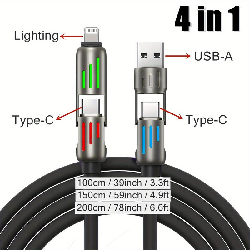 100W 4-in-1 Super Fast Charge USB-C Cable Liquid Silicone & Aluminum Alloy, Data Sync for iPhone Android Multi-Device Charging Solution tablet ipad Multifunctional USB-C data sync charging  cables data cable