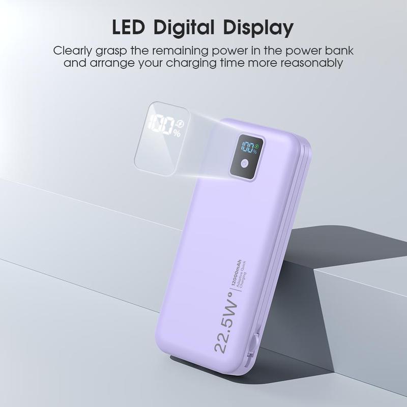 Portable Power Bank, 12000mAh Large Capacity Charging Bank with Built-in Charging Cable & AC Plug, LED Display External Battery Pack