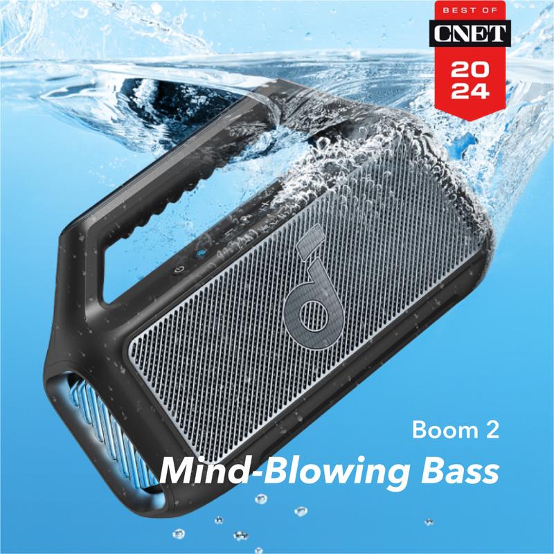 Soundcore Boom 2 Outdoor Speaker - 80W Booming Bass, IPX7 Waterproof, RGB Lights, 24H Playtime, Custom EQ, Bluetooth 5.3, USB-C - Audio