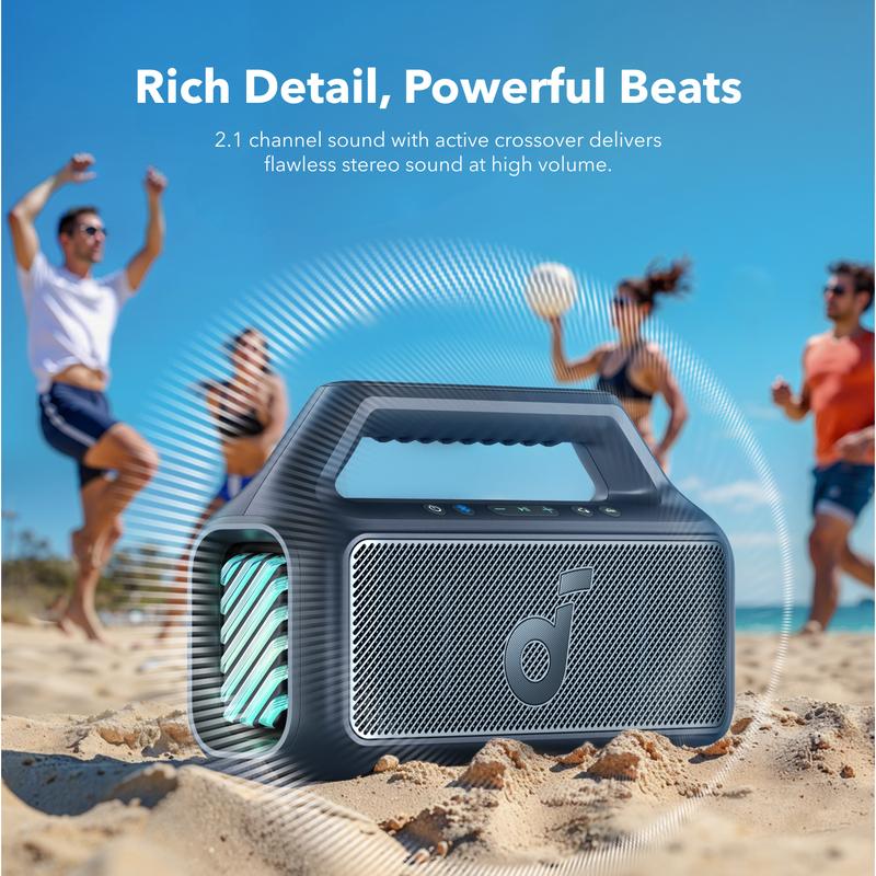 Soundcore Boom 2 Outdoor Speaker - 80W Booming Bass, IPX7 Waterproof, RGB Lights, 24H Playtime, Custom EQ, Bluetooth 5.3, USB-C - Audio