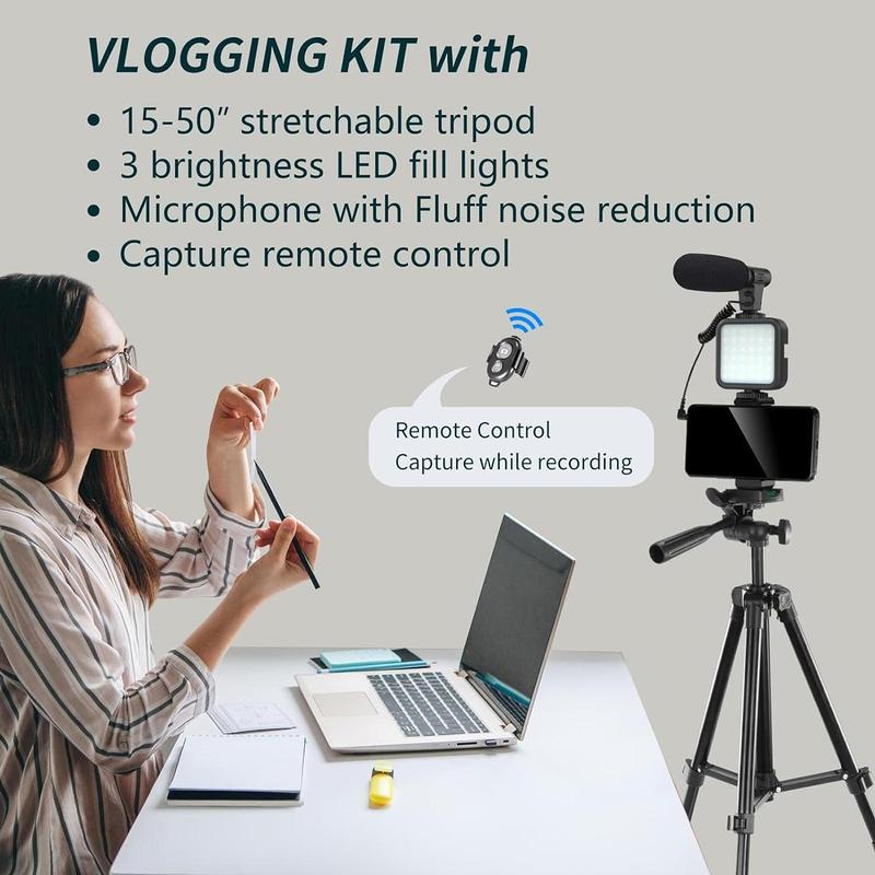 Vlog Shooting Kit for iPhone, 1 Set Phone & Camera Vlogging Kit with LED Lights for Fall, Selfie Stick Tripod & Selfie Light & Phone Clip with Microphone, Adjustable Smartphone Accessories, Summer Outing Essentials 2024, Stocking Fillers Gift