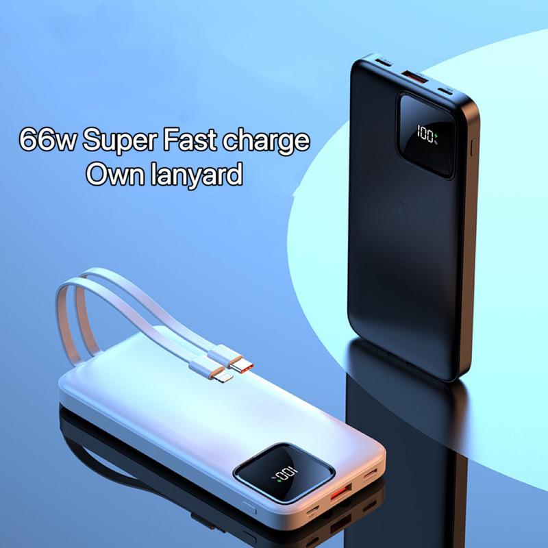 Portable charger with built-in cable, portable charger with wire Ultra-thin 10000-20000mAh travel battery pack 4 outputs 2 inputs 66W Fast charging mobile power for Samsung Google Pixel LG Mobile Phone Pad