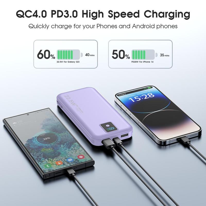 Portable Power Bank, 12000mAh Large Capacity Charging Bank with Built-in Charging Cable & AC Plug, LED Display External Battery Pack