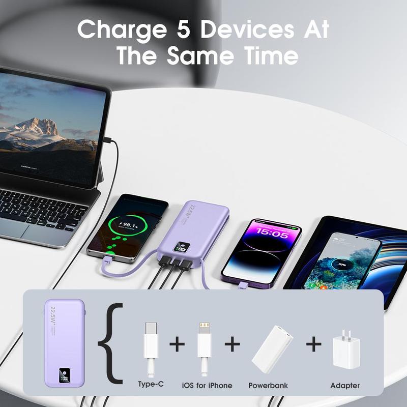 Portable Power Bank, 12000mAh Large Capacity Charging Bank with Built-in Charging Cable & AC Plug, LED Display External Battery Pack