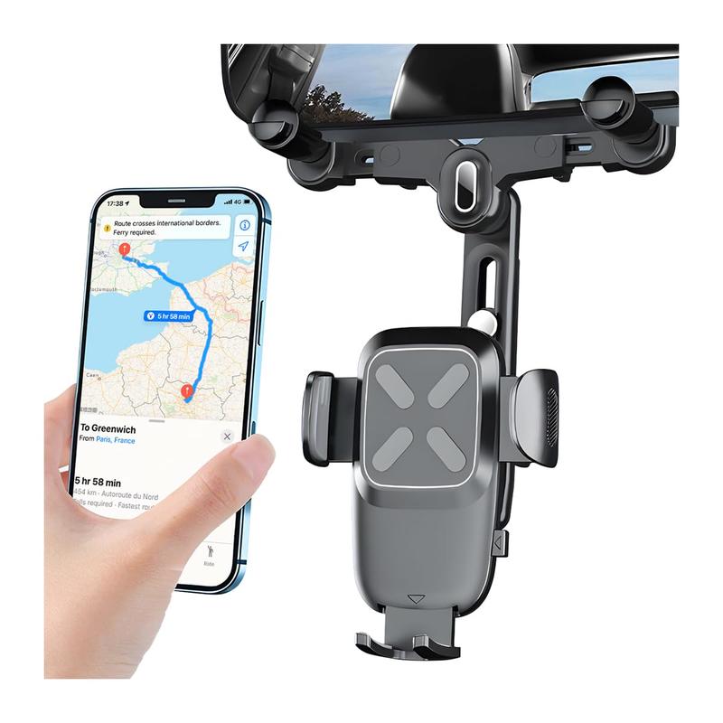 Car Rearview Mirror Phone Holder, 360° Rotatable & Retractable Phone Mount, Multifunctional GPS Holder with Anti-shake Design