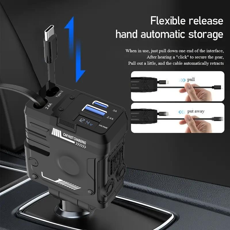 Retractable Car Charger 4 in 1 (Updated )USB C Fast Charging Adapter & Dual Charge Port, Lightning , Compatible with iPhone16-13 Pro Max Plus, iPad, AirPods, Samsung Galaxy S Smartphone Cellphone Electronic