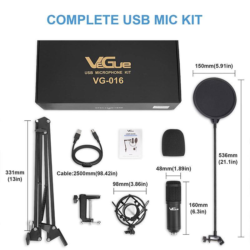 USB Microphone Kit, Professional Condenser Microphone with Arm Stand & Pop-Filter & Shock Mount, RGB Lighting Effect Silent Button Headphone Jack, for Recording Game Singing