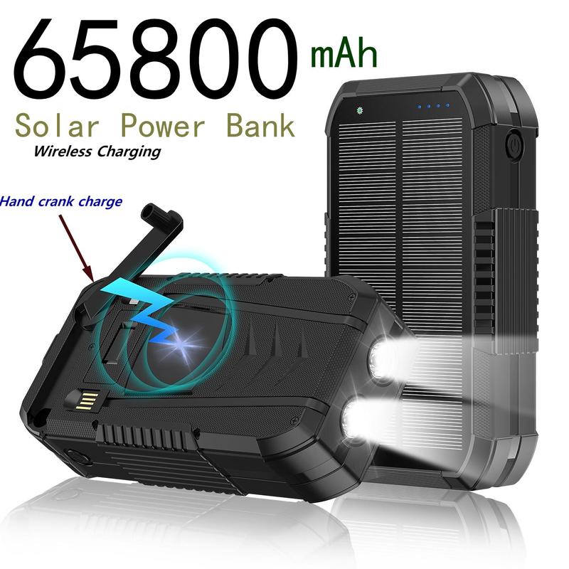 AMAUS Solar Charage Power Bank 65800 mAh Wireless Fast Charge Hand Crank ultra-large capacit for All Mobile Devices,Intelligent Charging Made With Compass,Flashlights,LED lights,Large Capacity Outdoor Cam Magnetic Portable cellphone Accessories Smartphone