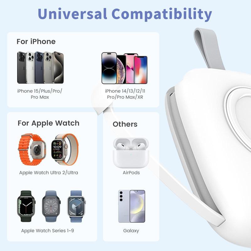 Portable Mini Wireless Power Bank, 5000mAh Power Bank with Built-in Charging Cable & Keychain, Compatible with iPhone & Apple Watch