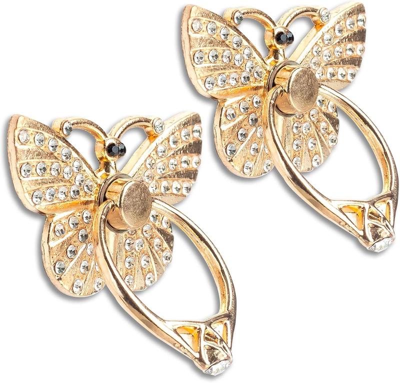 [2 Packs] Butterfly Glitter Bling Bling Phone Ring Holder, Sparkle Phone Ring Grip Artificial  Stand,Rhinestone Cell Finger Ring for Phones,Pad