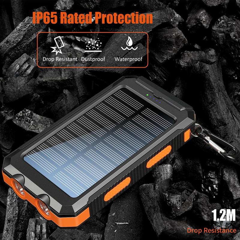 Solar Powered Power Bank, 10000mAh Portable Solar Power Bank with Flashlight, Dual USB Output Port Power Bank for iPhone, Android, Samsung, Smartphone