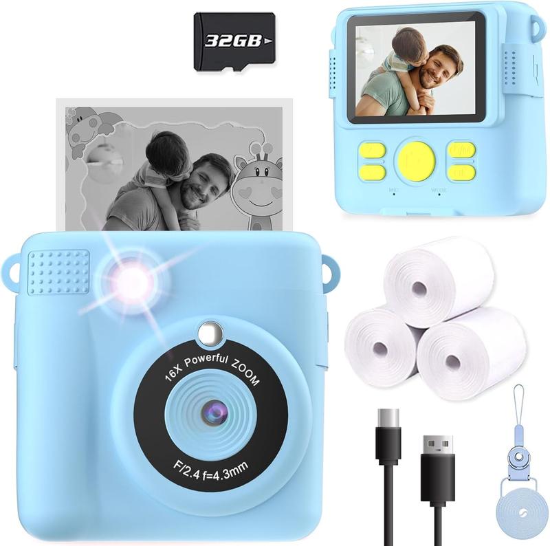 Instant Print Camera for Kids, Christmas Birthday Gifts for Girls Boys, HD Digital Video Cameras for Toddler, Portable Toy for 4 5 6 7 8 9 10 Year Old Girl with 32GB SD Card