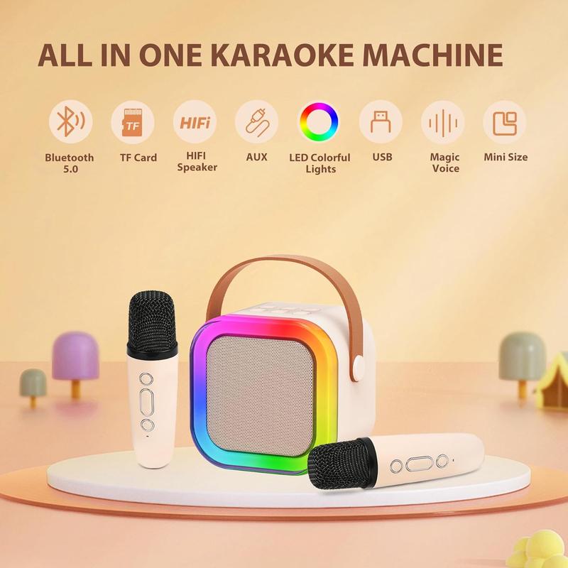 Karaoke Machine for Kids Adults, Mini Karaoke Machine with 2 Wireless Microphones, Portable Bluetooth Speaker with Voice Changing Effects & LED Lights, Best Gifts Toys for Girls and Boys Beige Room Accessories Portable Mini family gathering