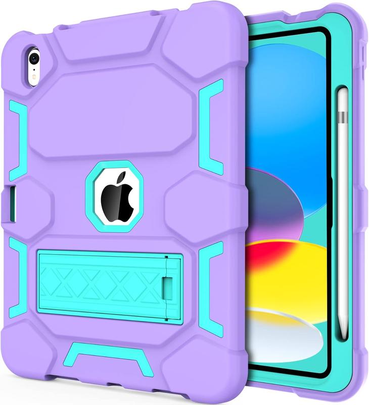 for iPad 10th Generation Case 10.9 Inch 2022, iPad 10 Case with Kickstand & Pencil Holder, Heavy Duty Shockproof Hybrid Three Layer Protective Cover for Girls Women, Purple+Green