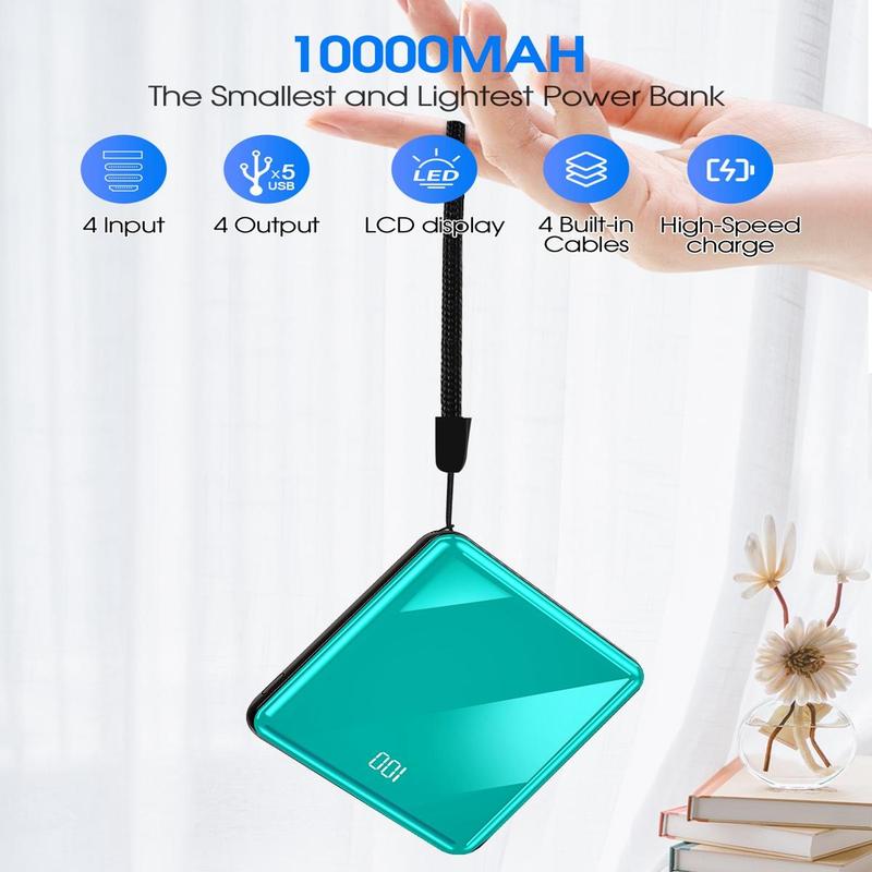 10000mAh Power Bank, 1 Count Compact Portable Charger with LED Display, Small External Battery Pack with 4 Inputs & 5 Outputs, Phone Charger for iPhone Samsung Huawei iPad, Music Festival Supplies, Phone Accessories