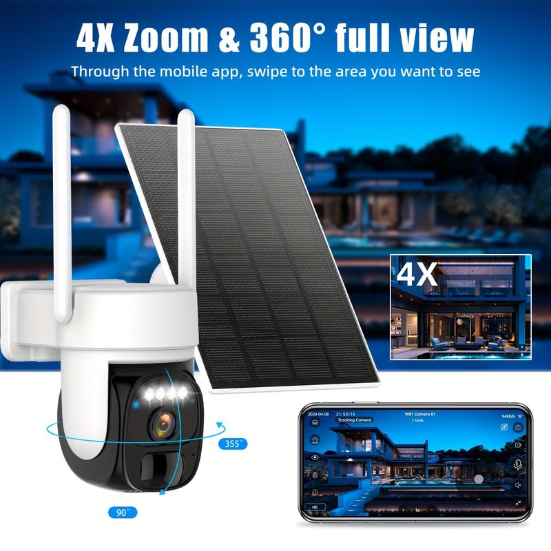 2pcs Wireless Outdoor Solar Security Camera, 2K 360° Panoramic Tilt Low Power WiFi Security Camera, 2.4GWiFi, Ptz With AI Motion Detection, Color Night Vision, Two-way Audio, Cloud Storage, Application Connectivity Waterproof