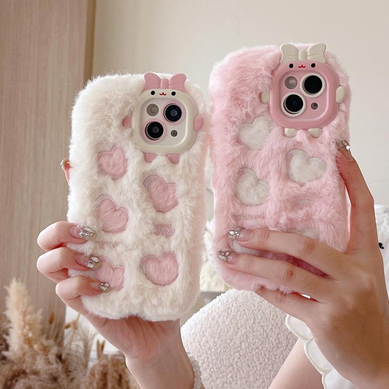 Cute Five Hearts Pattern Plush Phone Case (1 count), Anti-drop Cellphone Protective Case, Total Protective Shockproof Mobile Phone Cover for iPhone 16 15 14 13 12 11 Plus Pro Pro Max