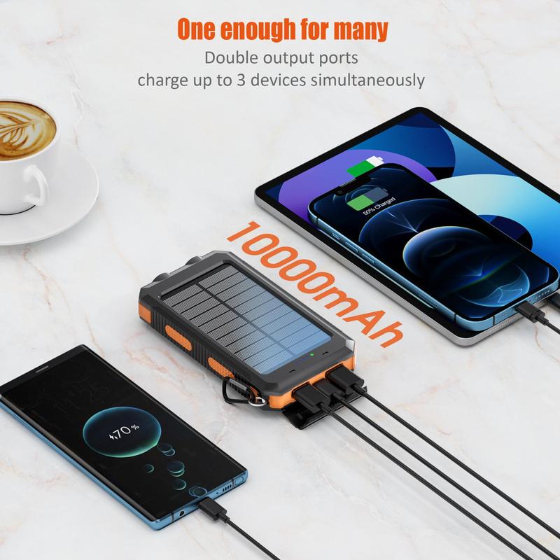 Solar Powered Power Bank, 10000mAh Portable Solar Power Bank with Flashlight, Dual USB Output Port Power Bank for iPhone, Android, Samsung, Smartphone