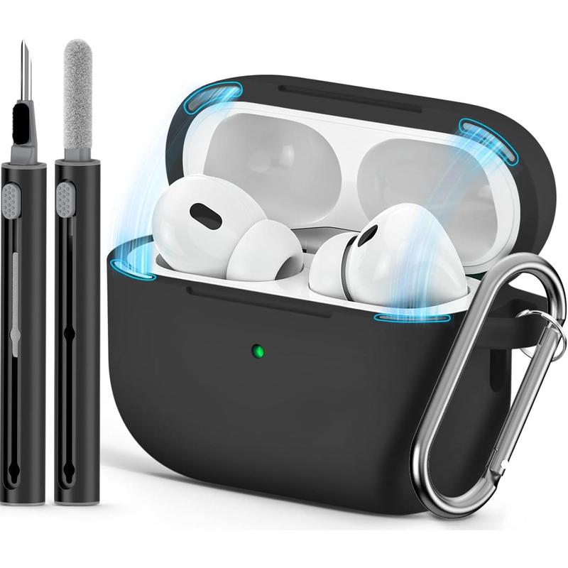 For AirPod Pro Case Cover with Cleaner Kit,Soft Silicone Protective Case for AirPods Pro 2nd 1st Generation for Women Men,AirPod Pro Case with Magnetic Lid Lock & Keychain-Solid Black Protection Protection