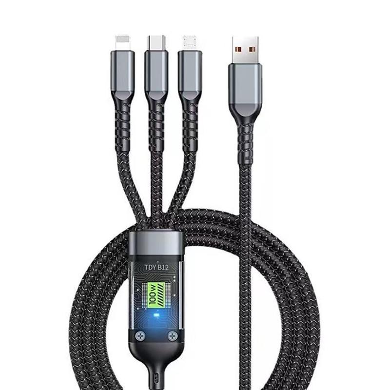 USB Cable Fast Charger, 100w Super Fast Charging Cable, Durable Nylon braiding,  Smartphone 4 in 1 charging cable for Type-C, iPhone, and Android Devices Cellphone Charging cables Electronic Plug