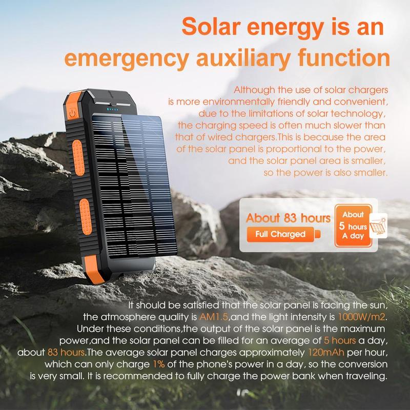 Solar Powered Power Bank, 10000mAh Portable Solar Power Bank with Flashlight, Dual USB Output Port Power Bank for iPhone, Android, Samsung, Smartphone