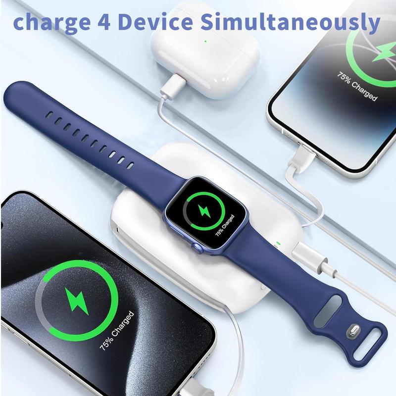 Portable Mini Wireless Power Bank, 5000mAh Power Bank with Built-in Charging Cable & Keychain, Compatible with iPhone & Apple Watch