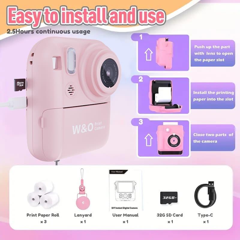 [Children's Christmas Gifts] Instant Quick Photo DIY Print Camera with Games and Music, Retro Camera, 32G Memory, Suitable for Ages 3-12