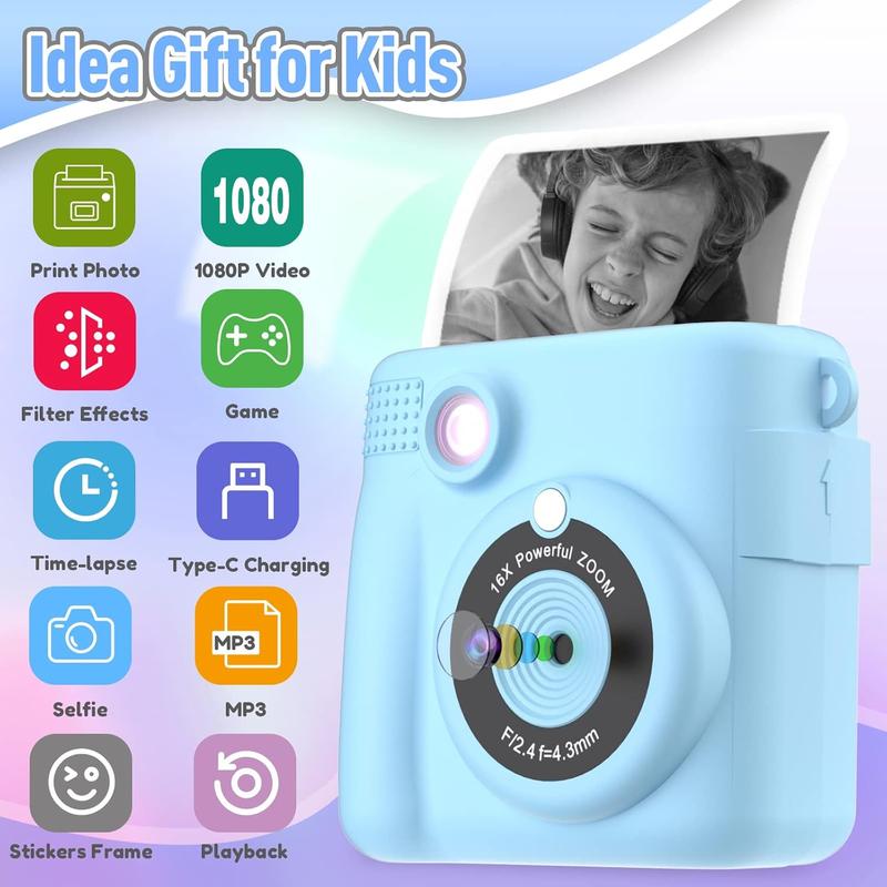 Instant Print Camera for Kids, Christmas Birthday Gifts for Girls Boys, HD Digital Video Cameras for Toddler, Portable Toy for 4 5 6 7 8 9 10 Year Old Girl with 32GB SD Card