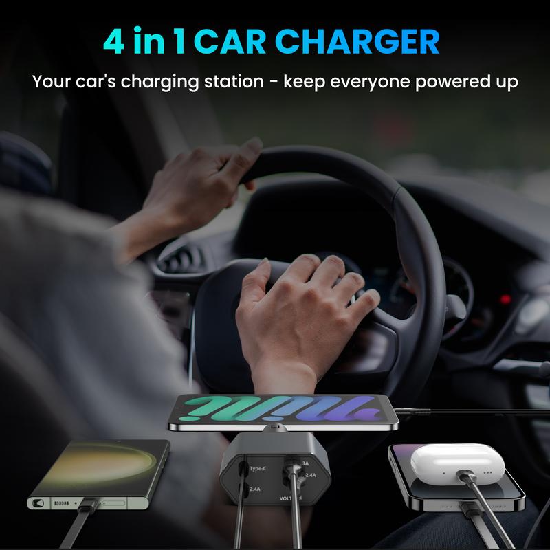 Retractable Car Charger, 66W 4 in 1 Super Fast Charge Car Phone Charger, Retractable Cables and 2 USB Ports Car Charger Adapter for iPhone 15 14 13 12 Pro Max XR, iPad, Samsung, Christmas Gifts