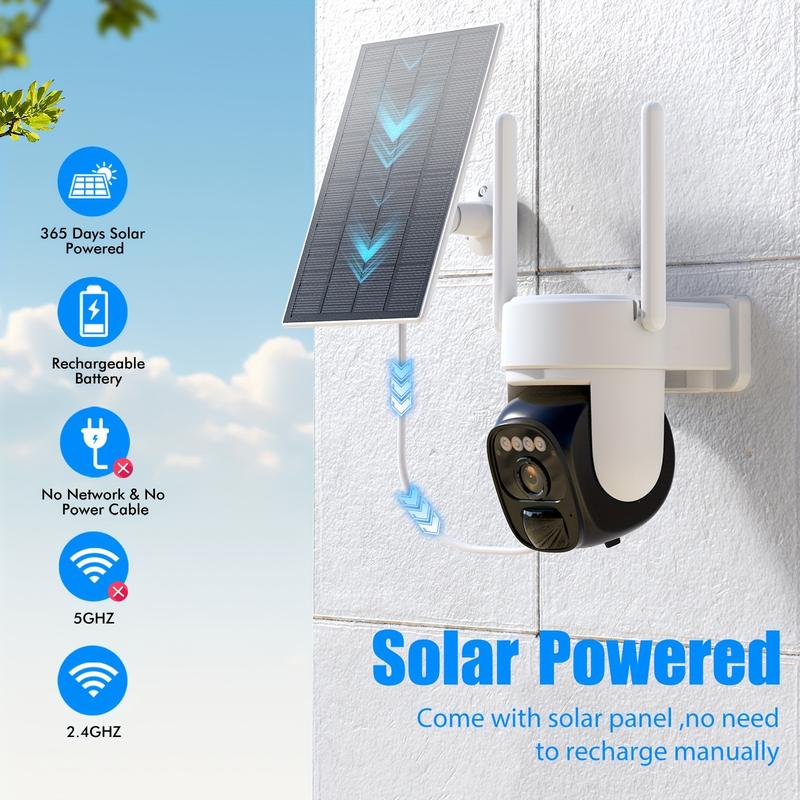 2pcs Wireless Outdoor Solar Security Camera, 2K 360° Panoramic Tilt Low Power WiFi Security Camera, 2.4GWiFi, Ptz With AI Motion Detection, Color Night Vision, Two-way Audio, Cloud Storage, Application Connectivity Waterproof