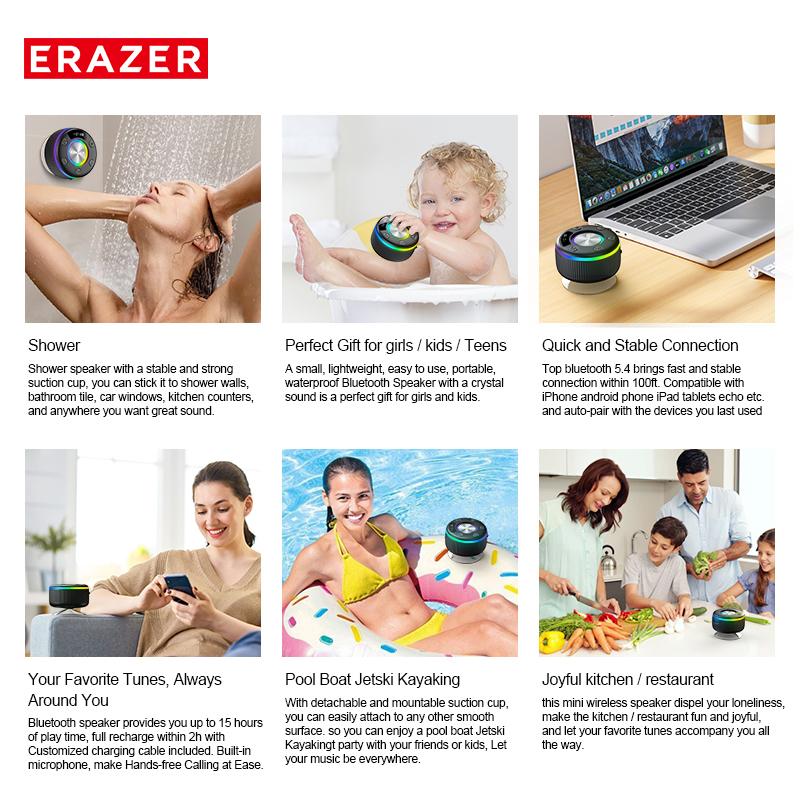 ERAZER XM102 Waterproof Shower Bluetooth Speaker Portable Wireless Speaker with Suction Cup IPX6 Waterproof Speaker Suitable for home party outdoor beach, electronic products, birthday gifts