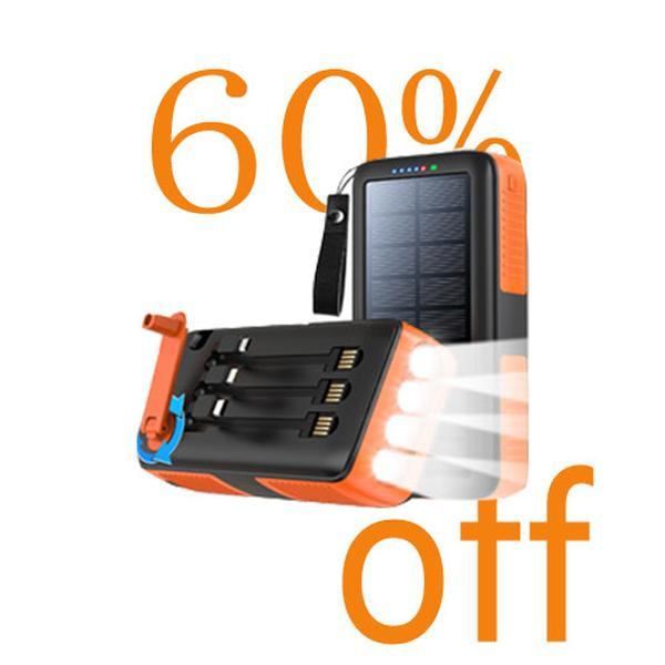 AMAUS-63200mAh Big Solar Power Bank  60% OFF Discount Charger Built in 4 Cables 7 Outputs 15 Watts Fast Charging Power Bank for All Mobile Devices with Dual Flashlights,hand crank charge Smartphone，airports bluetooth headset mag safe Chargeable